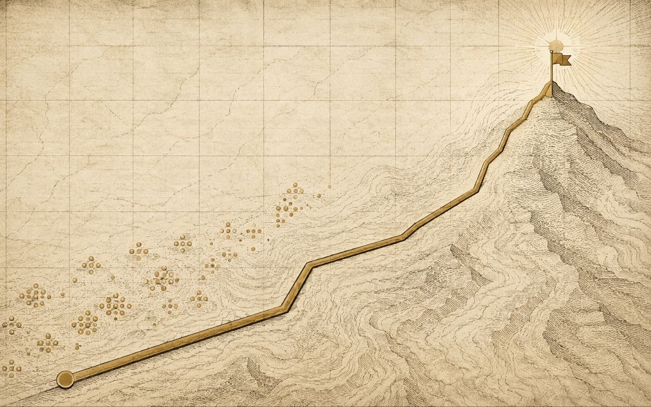 Campaign route climbing from a start point to a flag planted on a peak