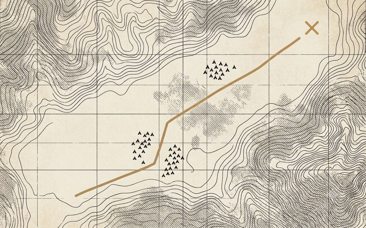 Engraved campaign map with a route advancing toward a marked objective